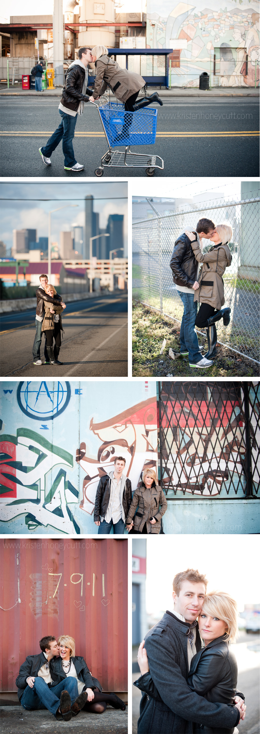 Engagement portraits on the streets of Seattle's SODO neighborhood.