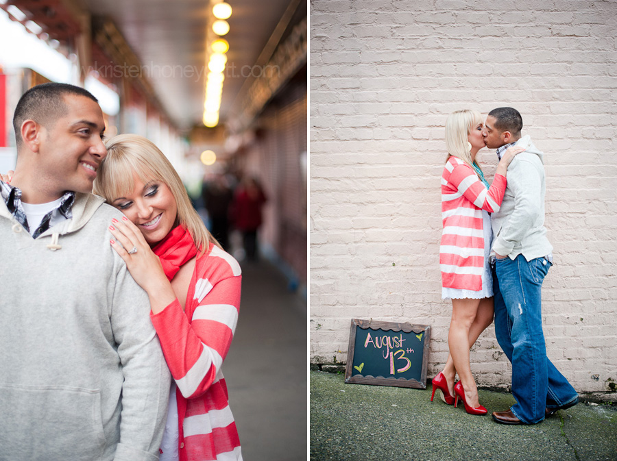 Pike place market sets the background for engagement pictures