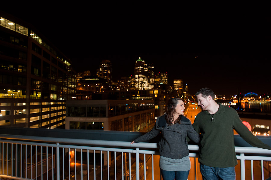 Engagement session with the seattle skyline after dark