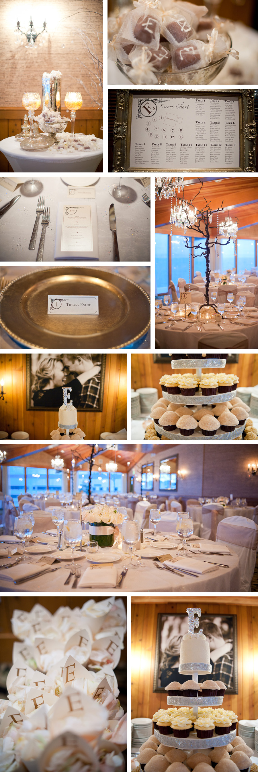 a beautiful reception with sparkle, glitter, and cupcakes