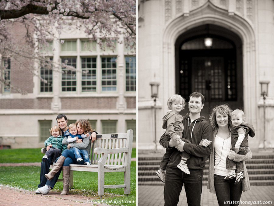 family of four sits on a park bench for their portraits by kristen honeycutt