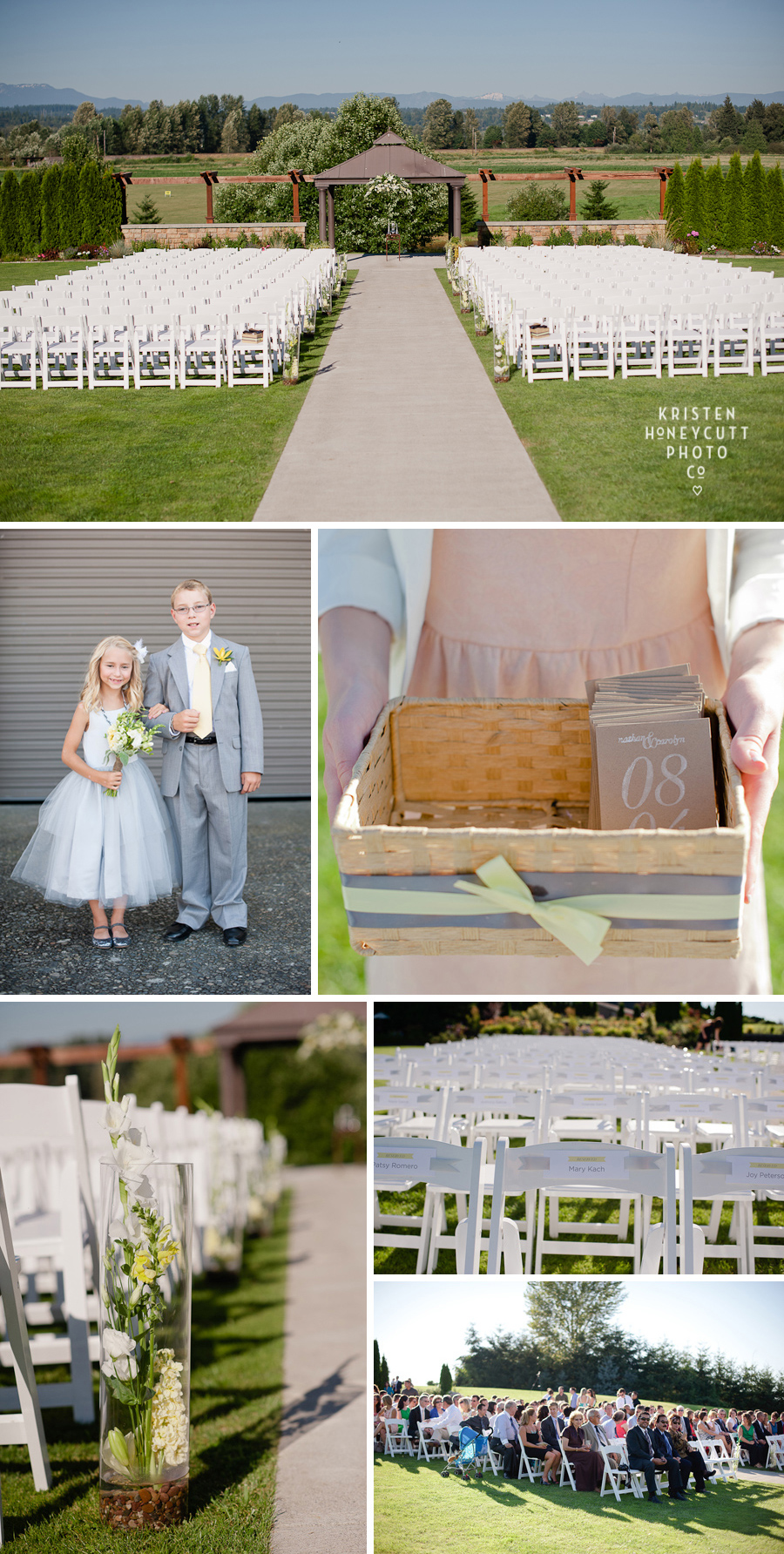 beautiful modern wedding ceremony programs and grey and yellow ring bearer and flower girl