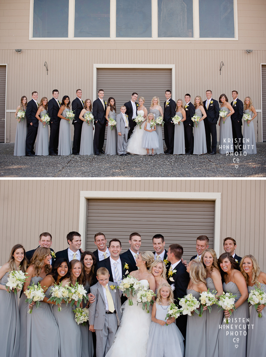 gray and yellow color palette for wedding party at rustic seattle area venue