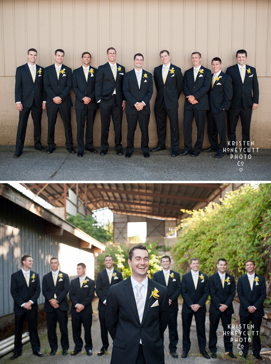 Farm wedding in Seattle area- the groom and groomsmen with yellow boutonnieres 