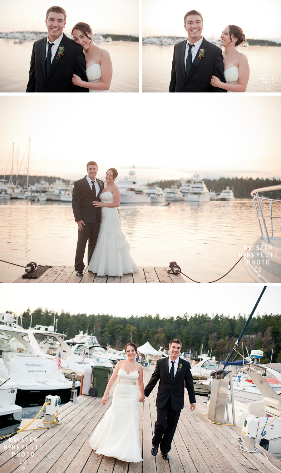 Sunset portraits of the bride and groom in the marina