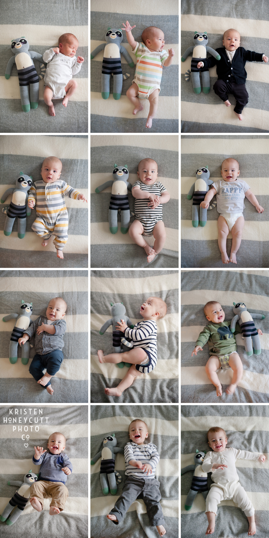 Baby's First year- picture of baby each month with blabla doll by Kristen Honeycutt Photo Co.