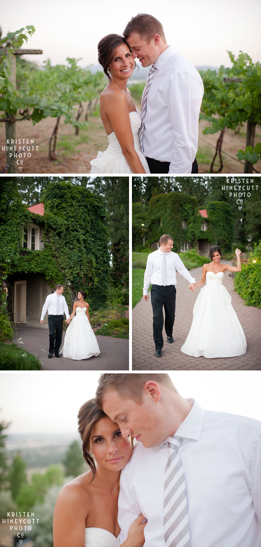 bride and groom share a few moments for pictures during sunset at Arborcrest in Spokane, Washington