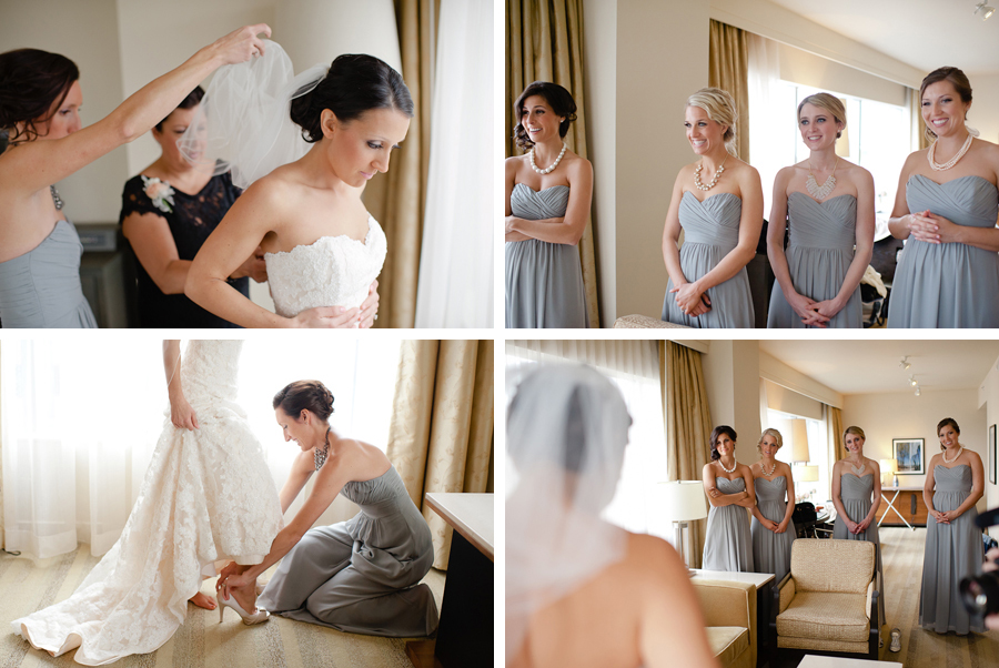 Seattle bride puts on her wedding gown at Hyatt Olive 8