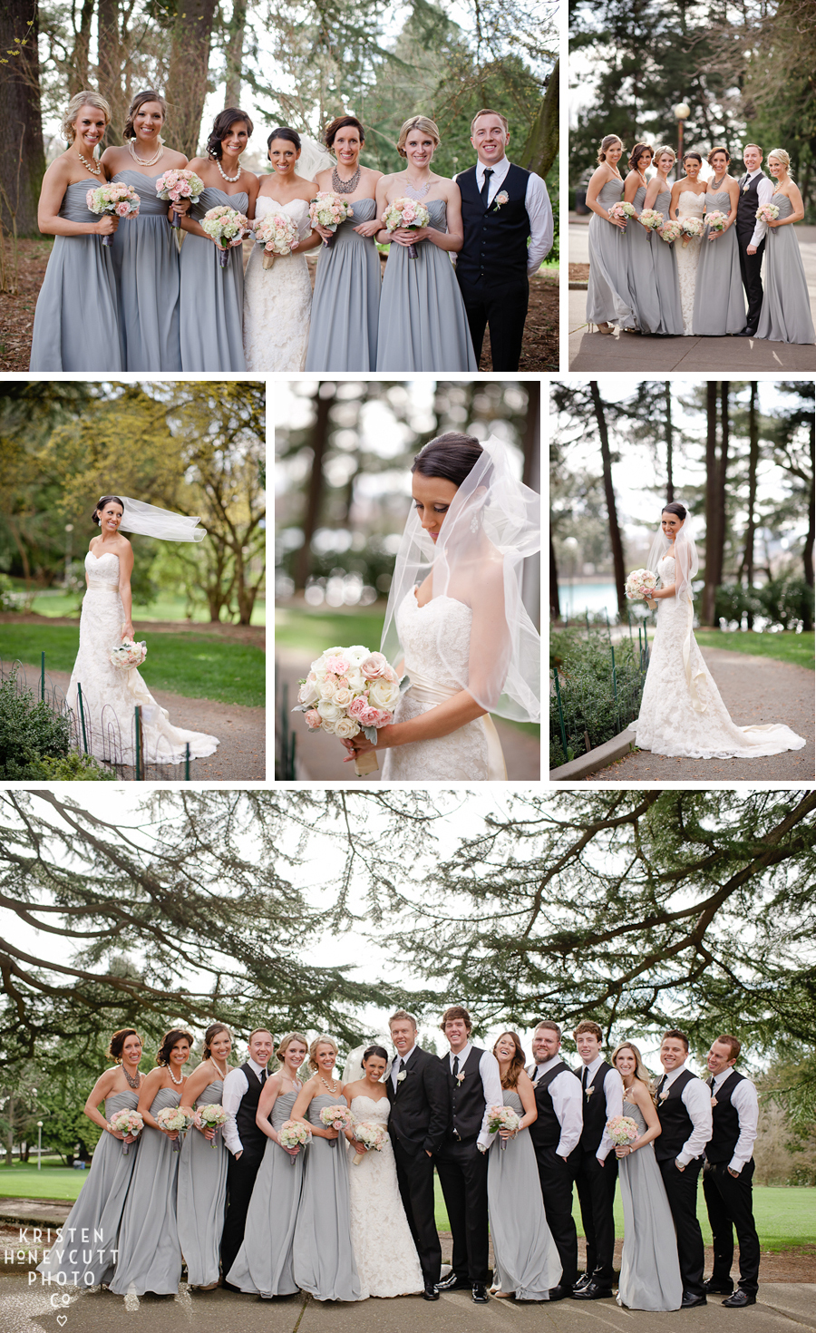 Volunteer Park bridal party, bridesmaids, and bride on Seattle's Capitol hill