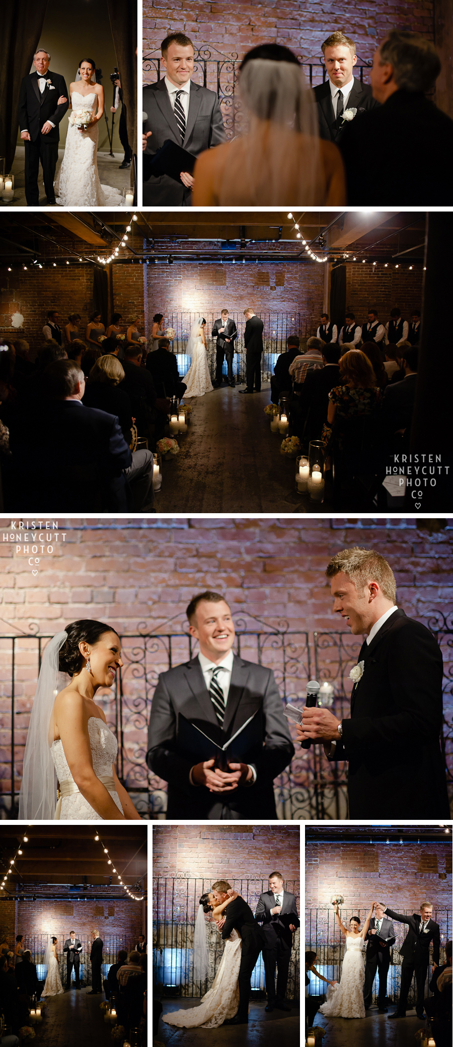 urban wedding ceremony in front of exposed brick wall