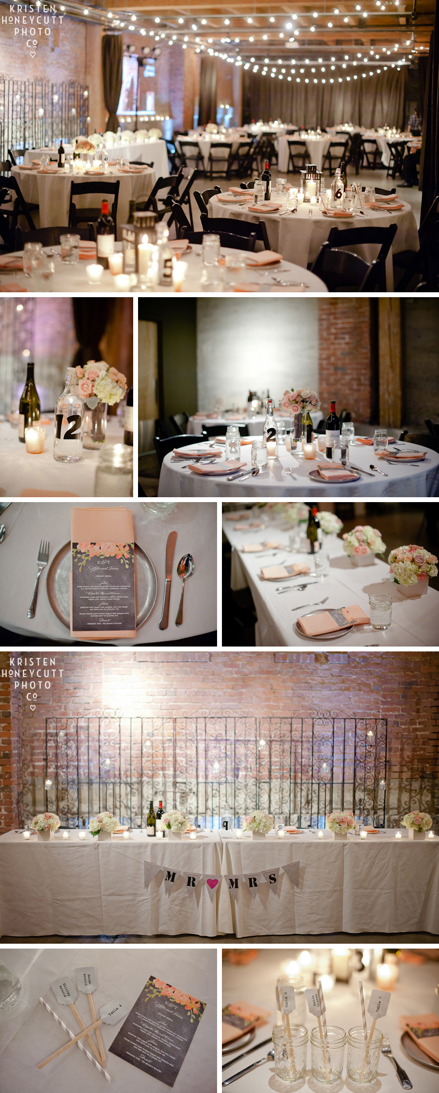 eclectic pretty pink peach and gray wedding reception details at Melrose Market Studios
