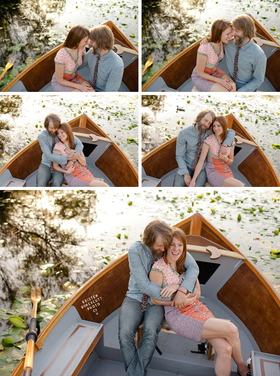 seattle engaged couple snuggle up in drift boat made by the groom for a notebook inspired engagement portrait