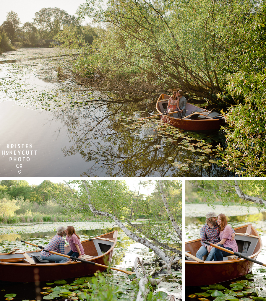 the notebook inspired engagement session in seattle's arboretum with drift boat made by the groom