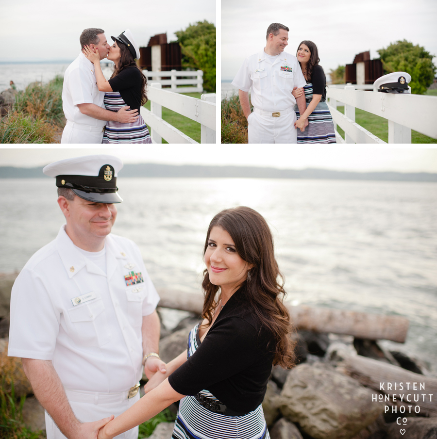 US Navy sailor and his fiancé.  Nautical engagement session at Washington ferry terminal