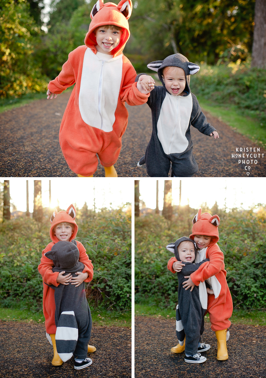 Adorable halloween costume portrait session with brothers in the forrest.