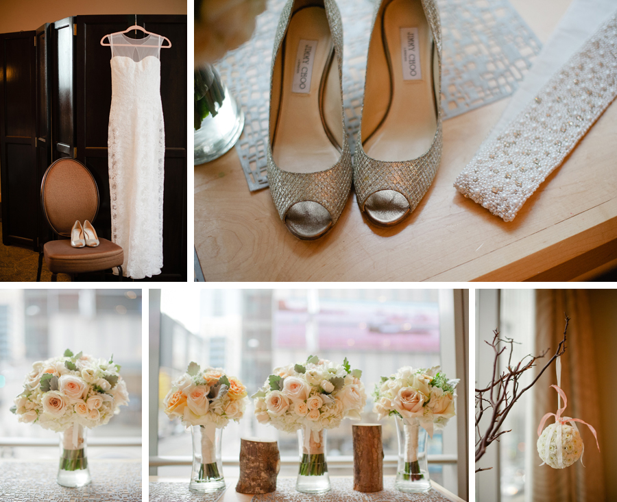wedding gown, shoes, and flowers at Four Seasons Hotel Seattle