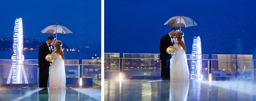 night portraits with bride and groom at four seasons hotel seattle pool