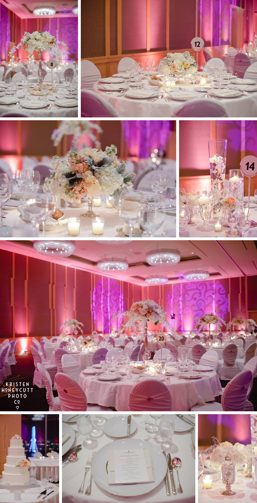 Pink, peach, and white ballroom wedding decor