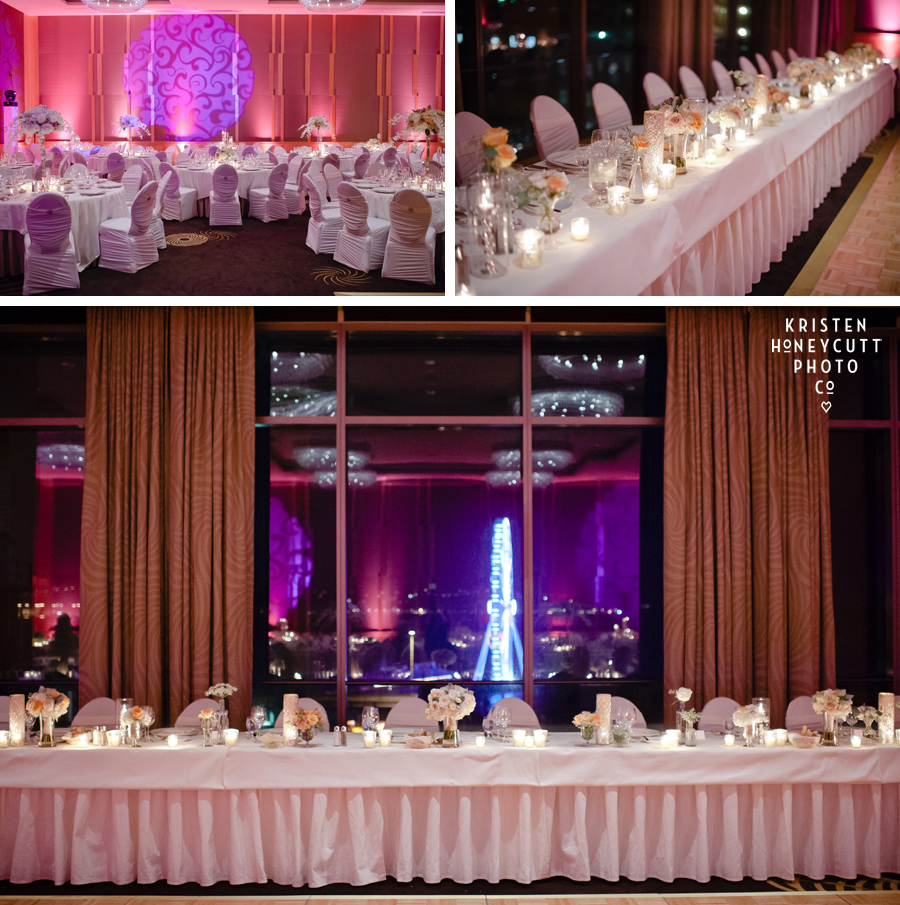 Pink, peach, and white ballroom wedding decor