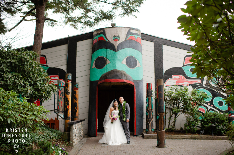 Bride and Groom at their wedding reception at Ivar's Salmon House