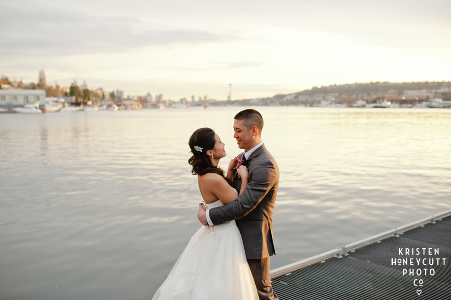 Bride and Groom with Beautiful Seattle Skyline at Sunset