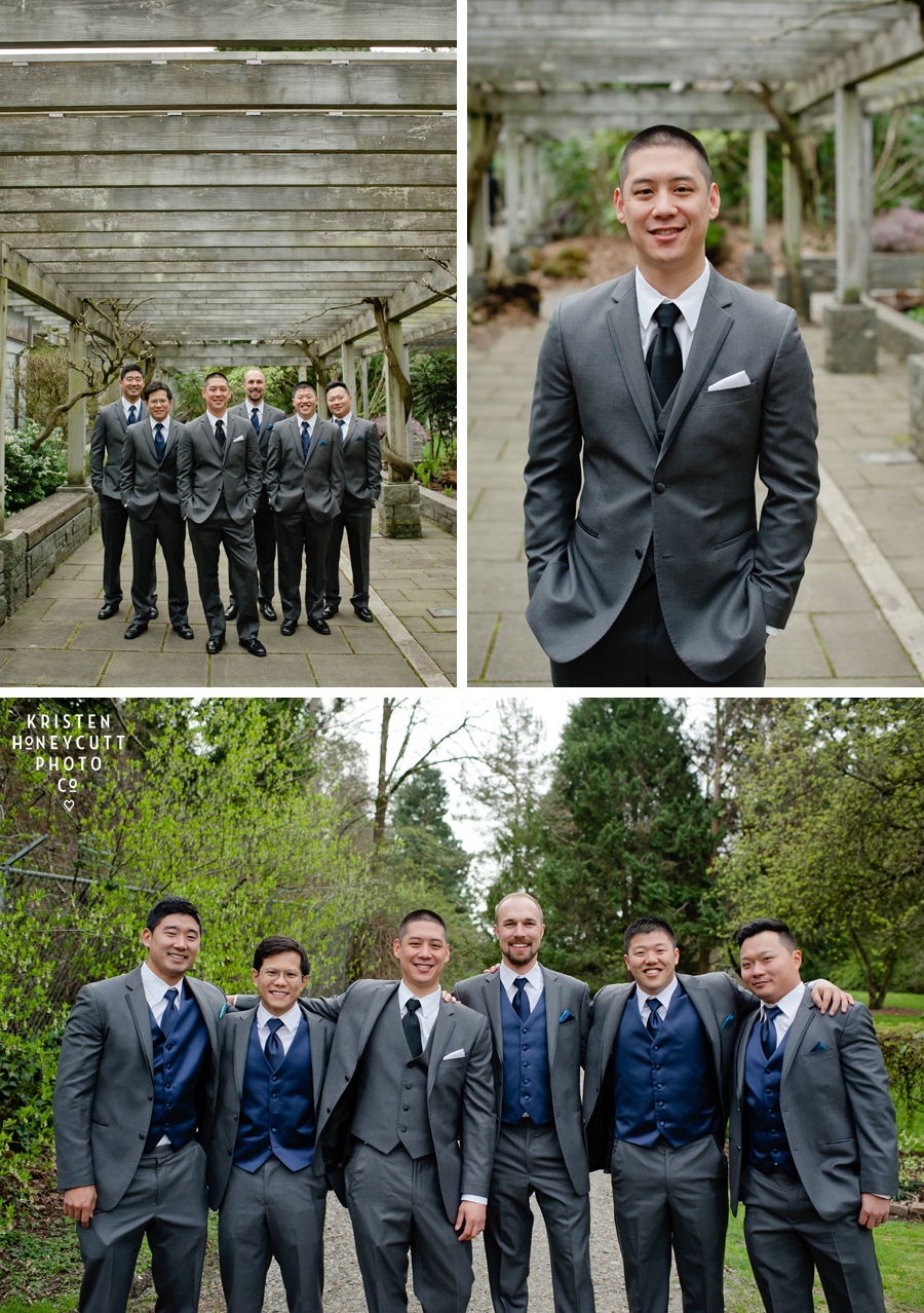 Groom and groomsmen with pops of blue at the Arboretum in the spring