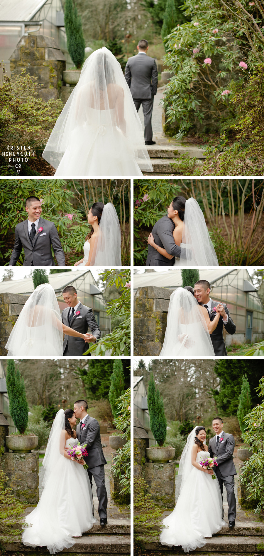 Bride and Groom's sweet first look in Seattle's Arboretum.