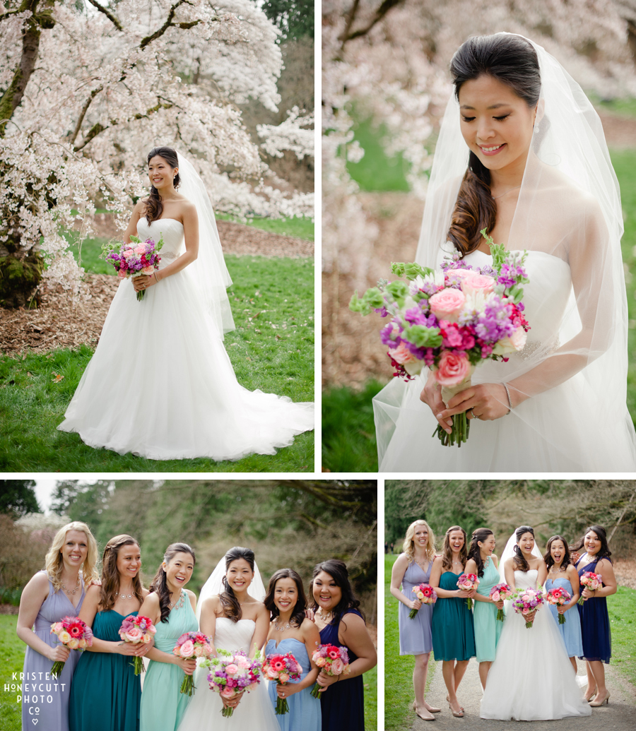 Bride and wedding party with beautiful Cherry Blossoms in Seattle.  Pops of blue, aqua, mint, and turquoise compliment bright colorful pink bouquets.  