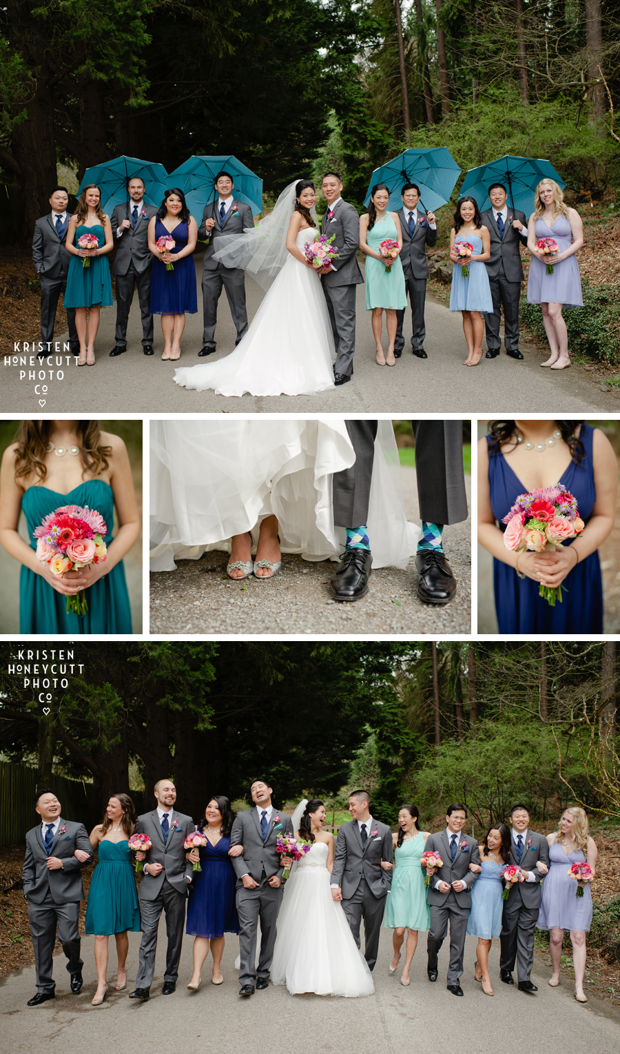Wedding party photographed in Seattle's Arboretum with bright turquoise umbrellas and stunning pops of color for a spring wedding.