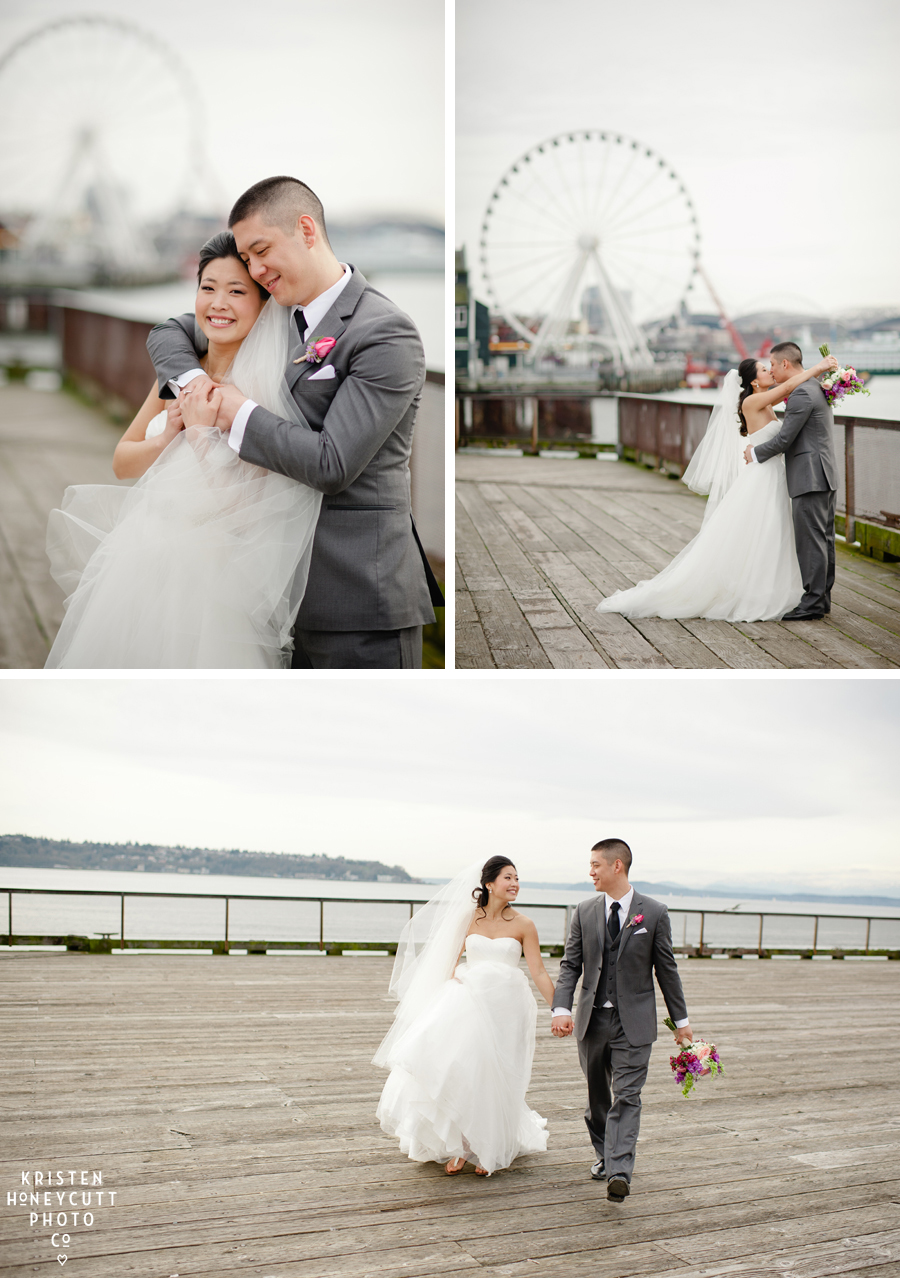 bride and groom with seattle's great wheel and waterfront on pier