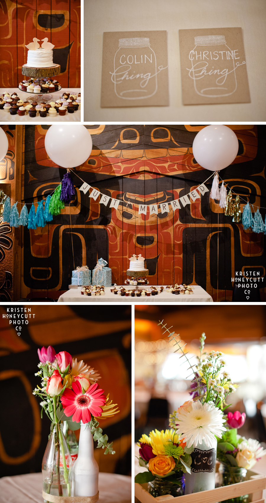 colorful streamers, giant white balloons, and bright spring flowers decorate this seattle wedding reception
