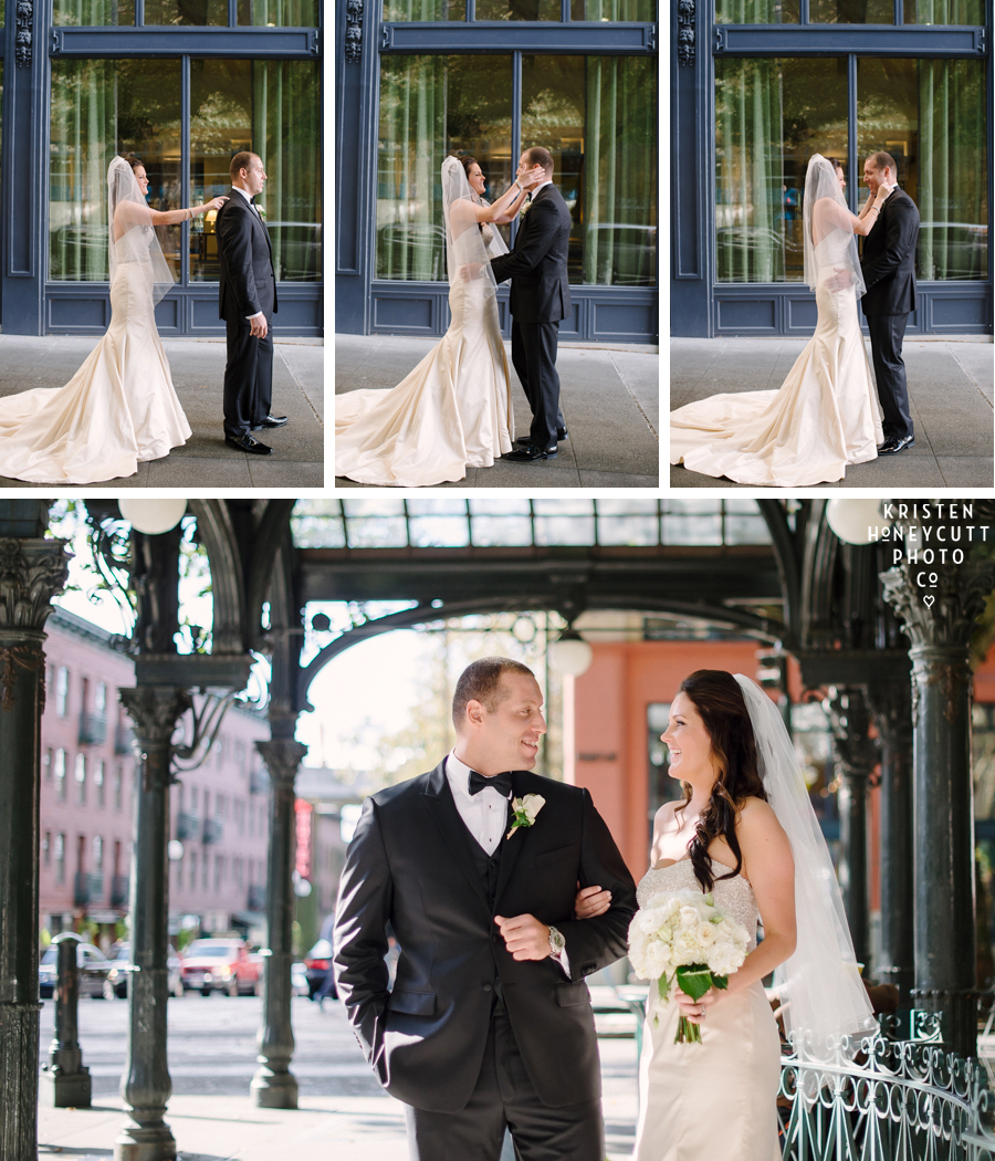 Bride and groom see each other for the first time on their wedding day in pioneer square
