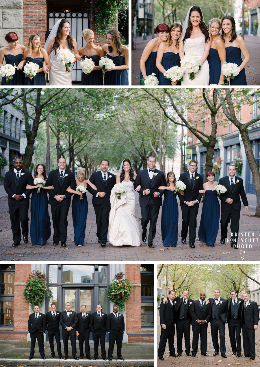 Bride and Groom with Bridesmaids and Groomsmen in Pioneer Square Seattle for wedding portraits