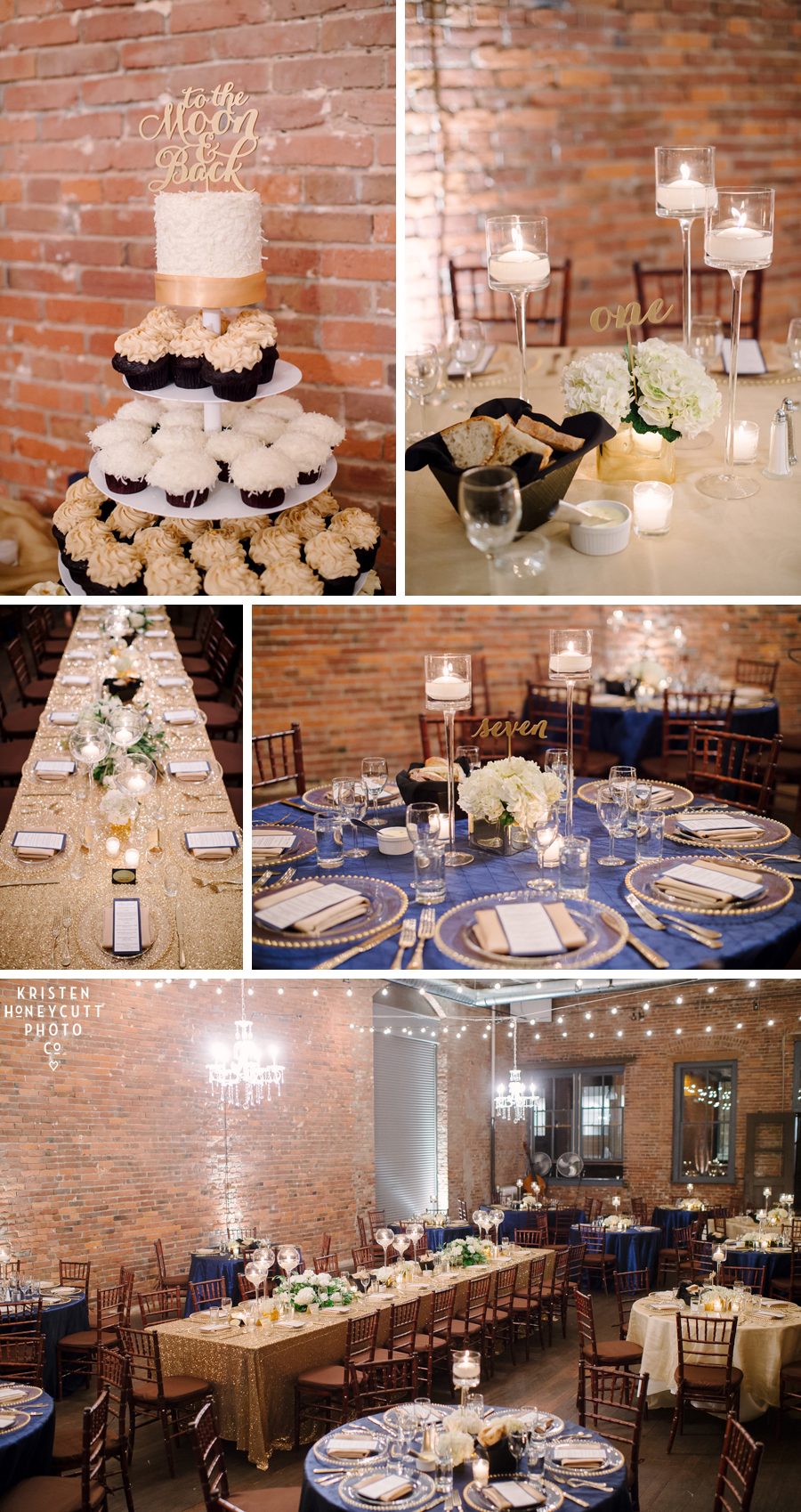 Custom gold cake topper and table numbers with navy and cream accents at Axis Pioneer Square Seattle