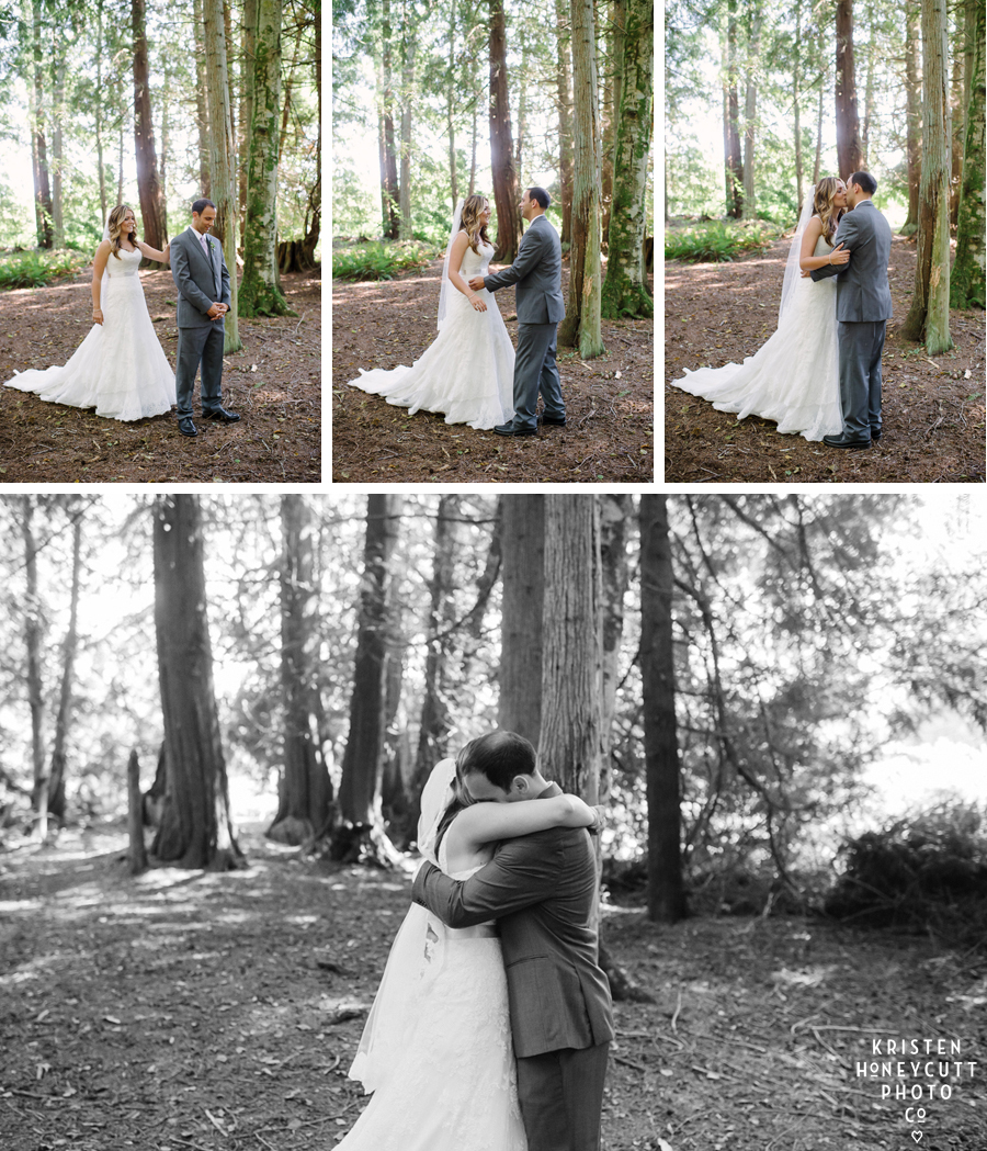 Bride and groom share their first look in beautiful forrest area at Farm Kitchen Wedding