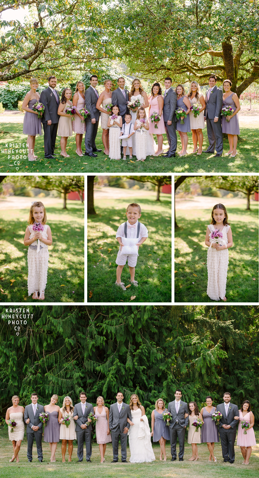 Grey, purple, blush, cream bridal party with flower girls and ring bearer at Farm Kitchen Wedding by Kristen Honeycutt