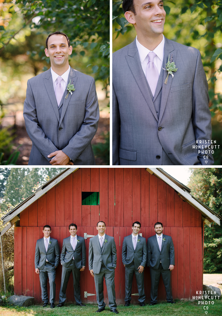 Groom with groomsmen and red barn at fall wedding at farm kitchen