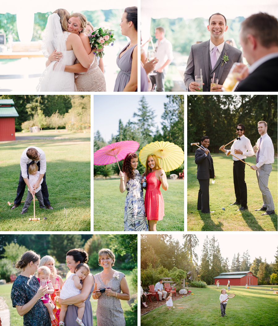 Guests use colorful umbrellas and enjoy lawn games during a fun farm kitchen wedding.