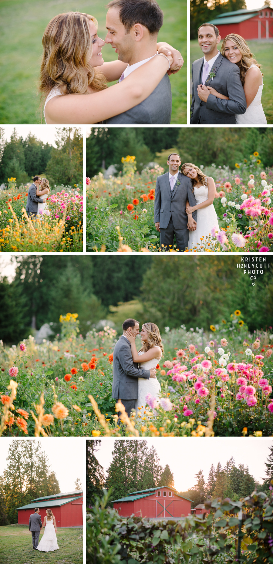 Bride and groom walk among the flowers during sunset at their farm kitchen wedding