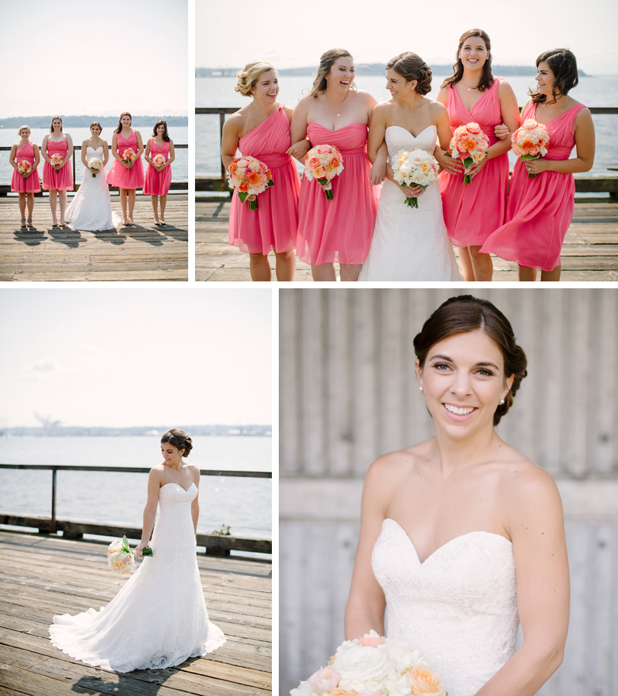 Bride and Bridesmaids at Seattle Waterfront on wedding day by Kristen Honeycutt Photo Co.