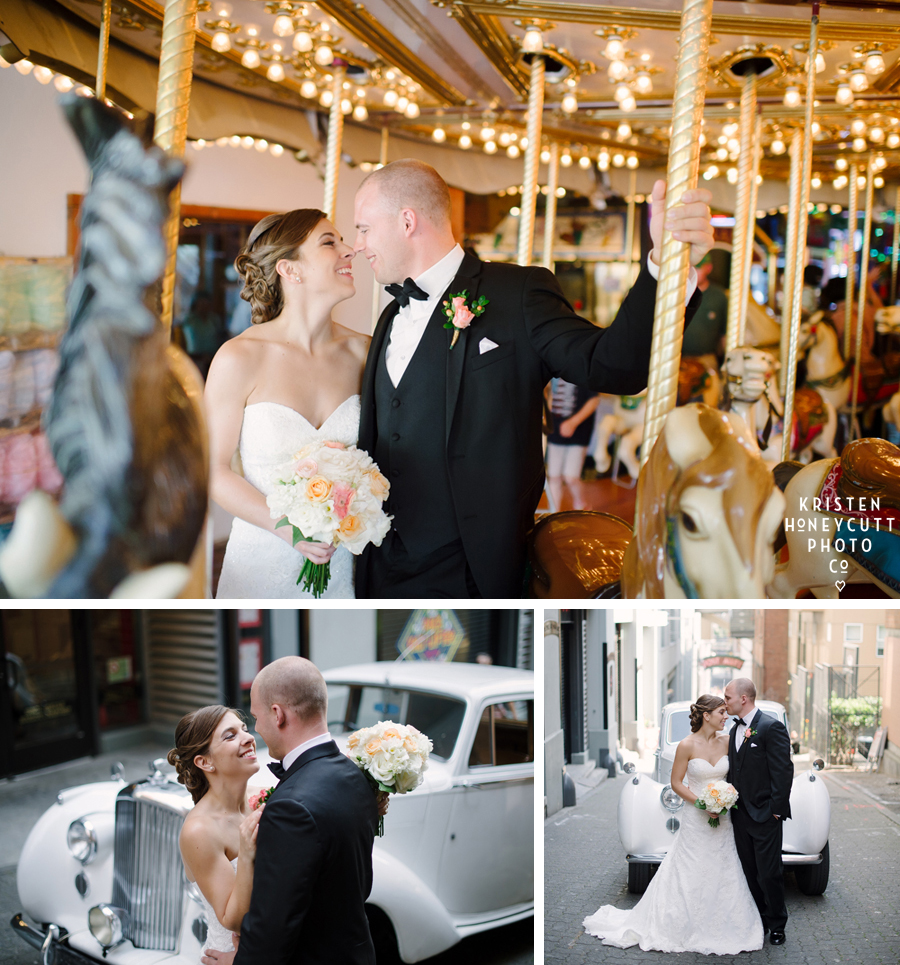 Bride and Groom on Seatle waterfront Carousel and with Rolls Royce