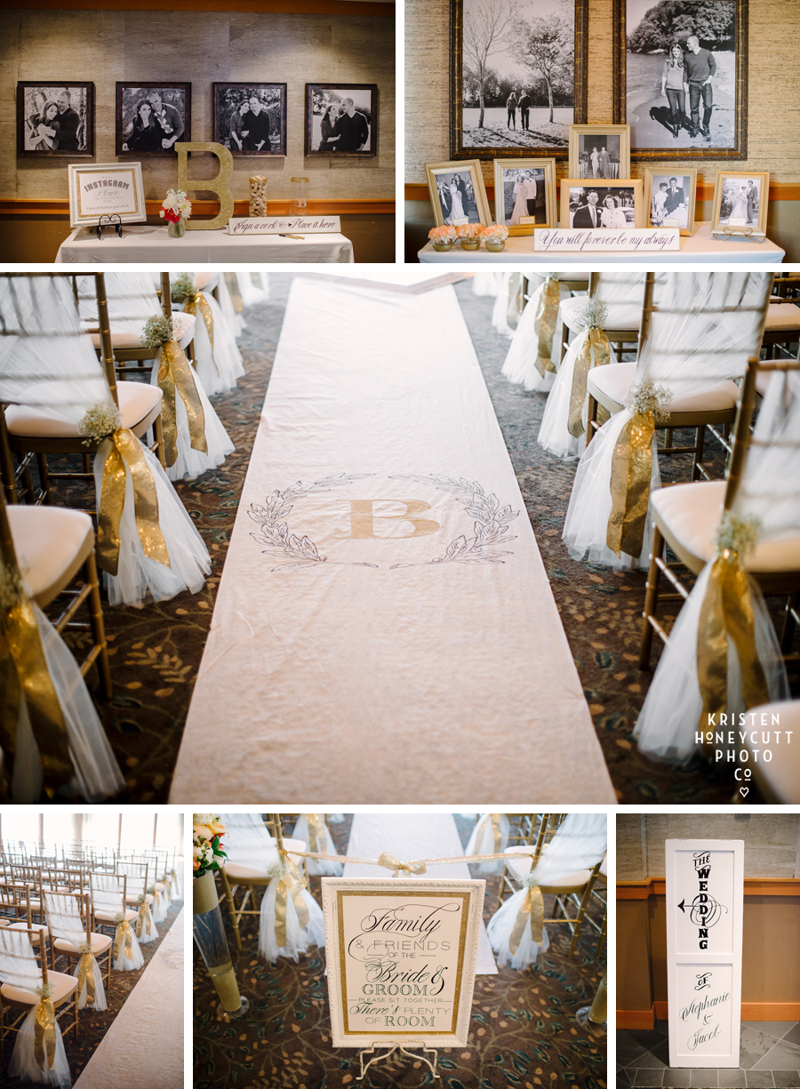 Elegant gold details for wedding ceremony and fabric chair sashes at the Edgewater Seattle