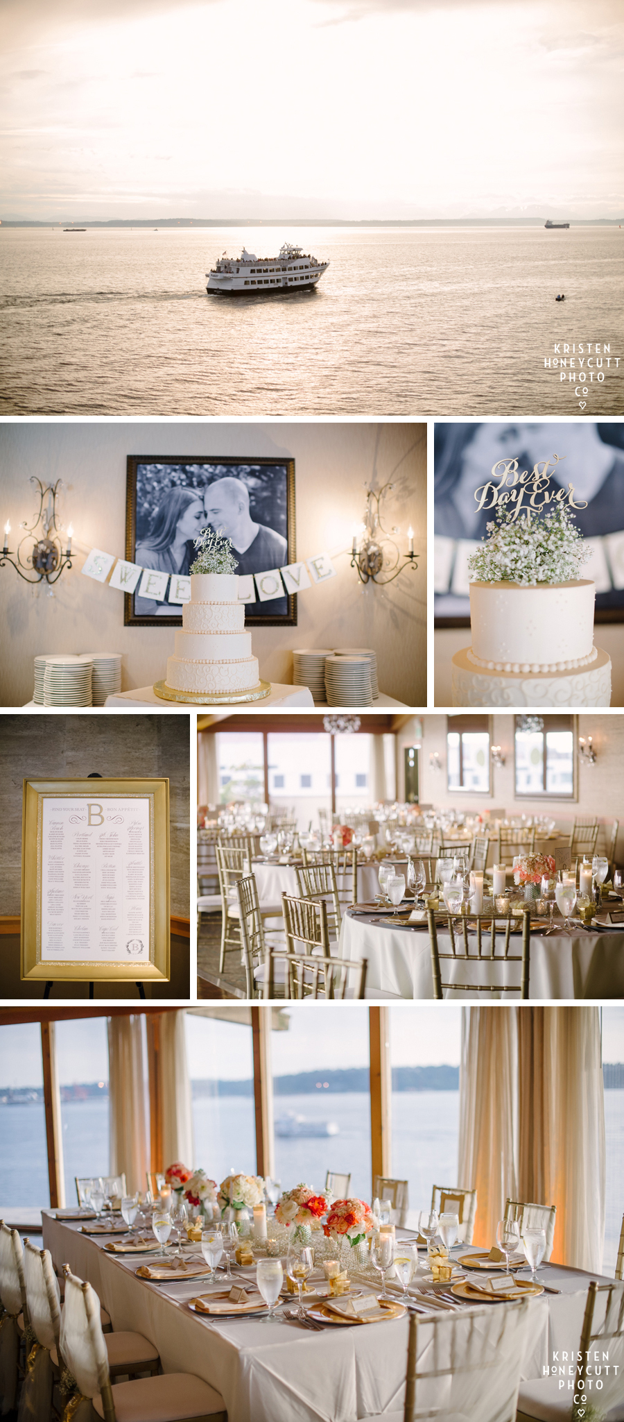 White and gold wedding cake and reception decor at the Edgewater Hotel Seattle