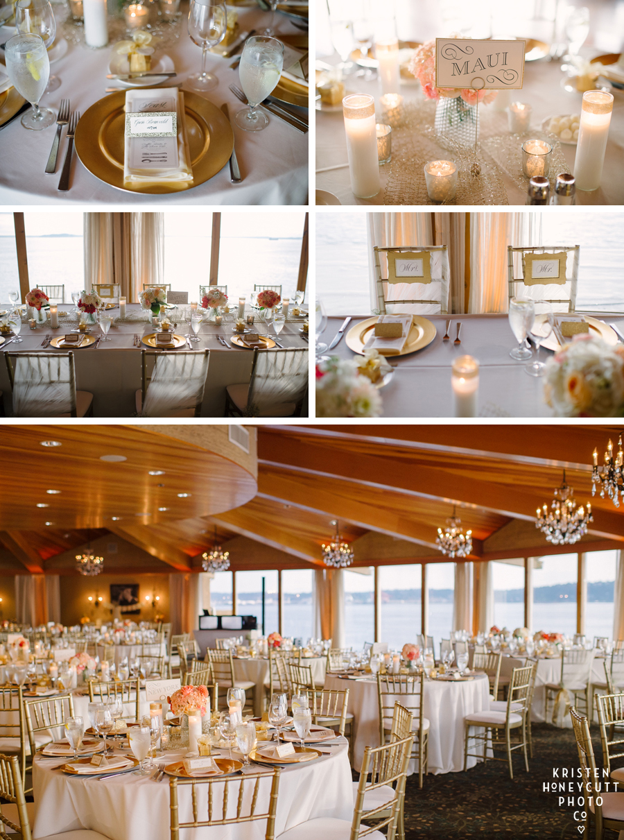 Gold, Champagne, blush wedding decor and details at the Edgewater Hotel Seattle